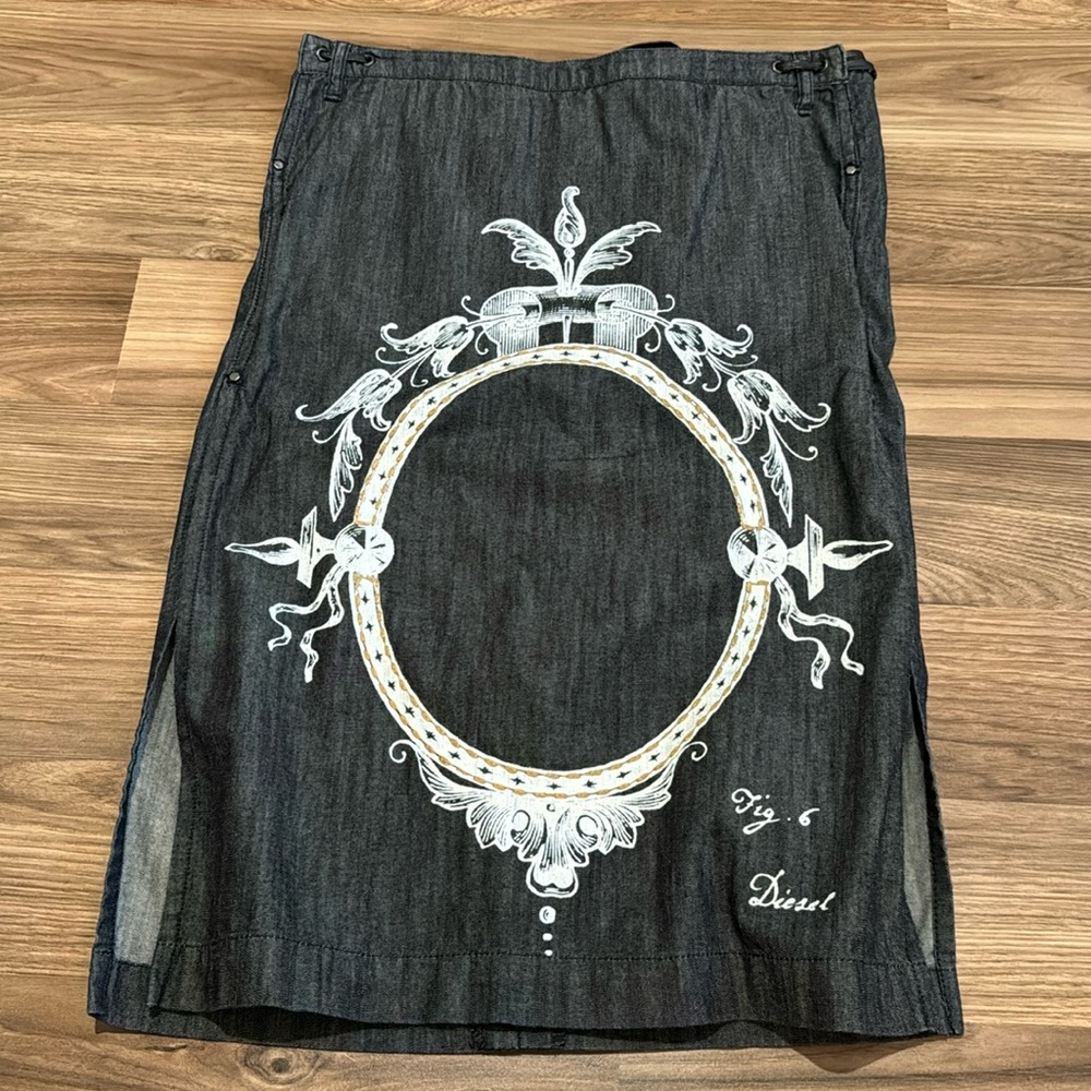Diesel Skirt Vintage Denim Black Mirror Printed Embroidered Slits Pull On